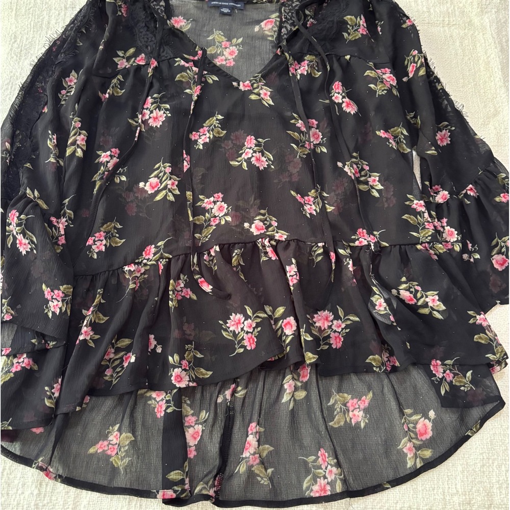 American Eagle Floral Lace Trim Sheer Blouse Black Pink Bell Sleeve Small